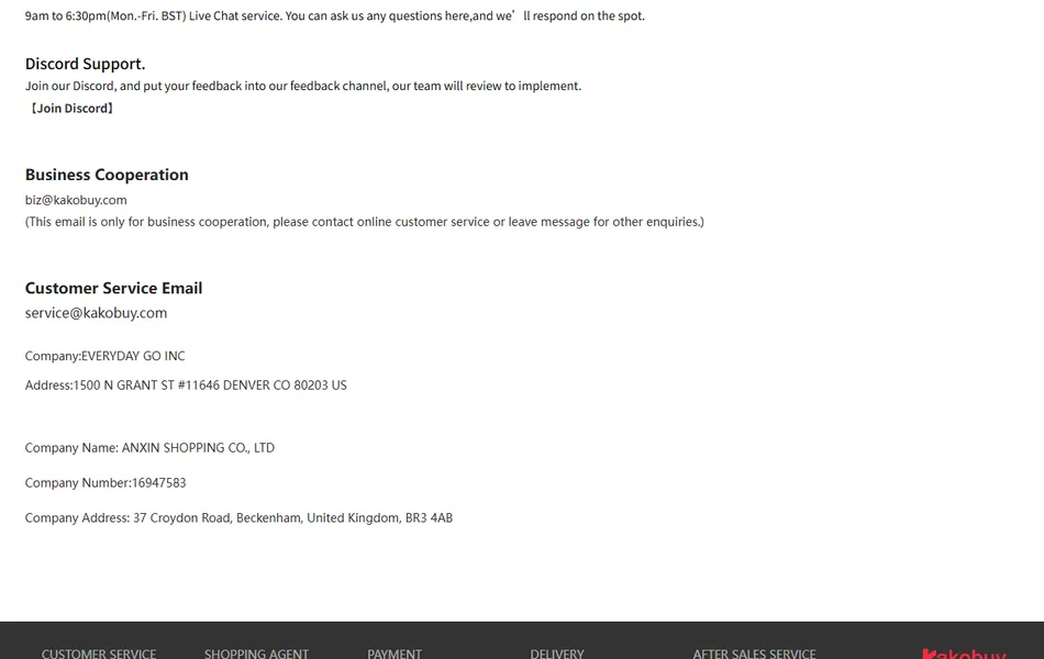 Contact page listing online customer service hours, Discord support, business cooperation and customer service email addresses, and company registration details