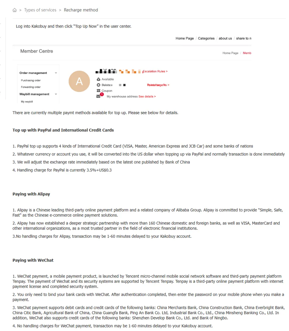 Help center recharge article showing the member center top-up screen and text describing PayPal and international credit card top-up options with their conditions