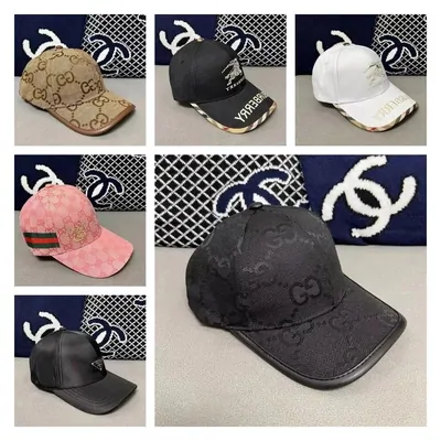 Six designer-style baseball caps in monogram canvas, black leather and white cotton