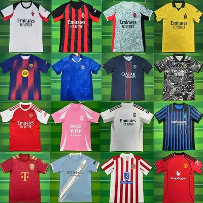 Grid of club football shirts in red, blue, green and striped team colours