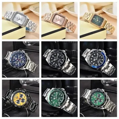Nine luxury-style wristwatches, square dials and dive-style bezels, steel bracelets