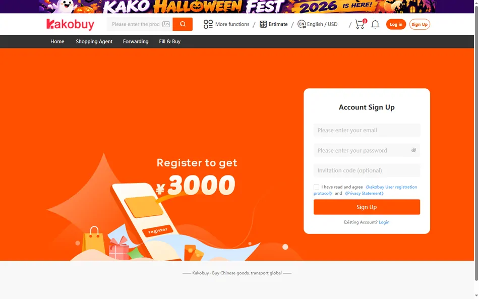 Kakobuy registration screen captured in October 2026 with a CNY 3000 coupon headline and optional invitation-code field